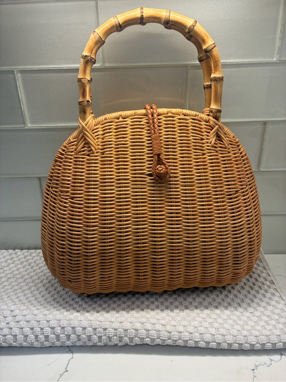 JM Laughling Woven Bamboo Handle Rattan Tote - Tan